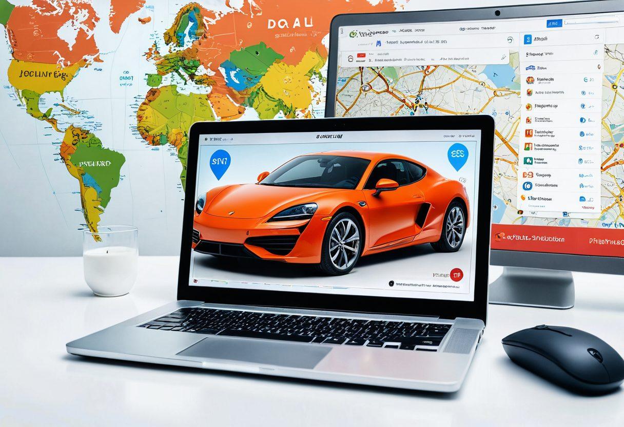 A digital landscape featuring a sleek, modern car parked beside a laptop displaying various vehicle listings. In the background, a map highlights different locations with pin drops representing deals, alongside floating icons of search bars and vehicles. The scene is bright and engaging, symbolizing the journey from online search to decision-making. super-realistic. vibrant colors. white background.
