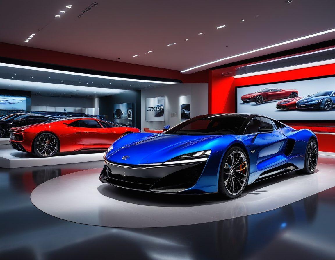 A showcase of various attractive cars in a vibrant automotive showroom, featuring sleek designs, bold colors, and polished finishes. Include an engaging digital interface displaying search options, highlighting features like horsepower and fuel efficiency. The setting should exude luxury and technology, inviting car enthusiasts to explore the vehicles. super-realistic. vibrant colors. 3D.