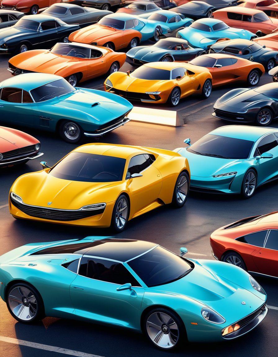 A captivating scene featuring a diverse array of automobiles, showcasing vintage cars alongside modern electric vehicles. The backdrop is a digital landscape that symbolizes the online discovery process, with glowing search icons and scrolling data streams. Soft sunlight casts a warm glow, creating an inviting atmosphere for car enthusiasts. Emphasize the charm and versatility of choices available. vibrant colors. super-realistic. digital art.